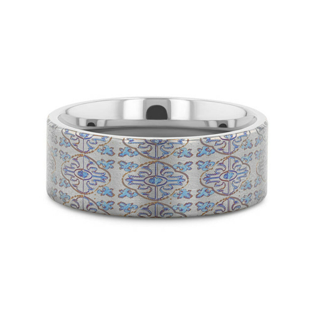 Mens Flat Titanium Engraved Cross Pattern Wedding Ring - 8mm Wide - Style name: SOLACE