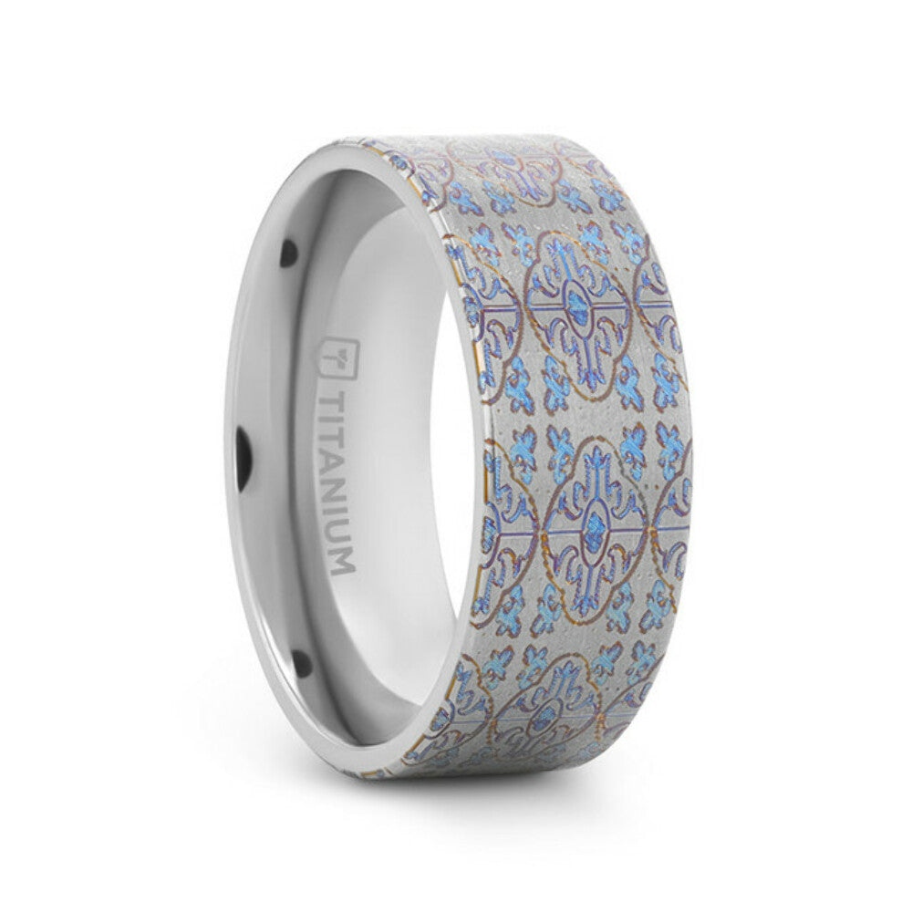 Mens Flat Titanium Engraved Cross Pattern Wedding Ring - 8mm Wide - Style name: SOLACE