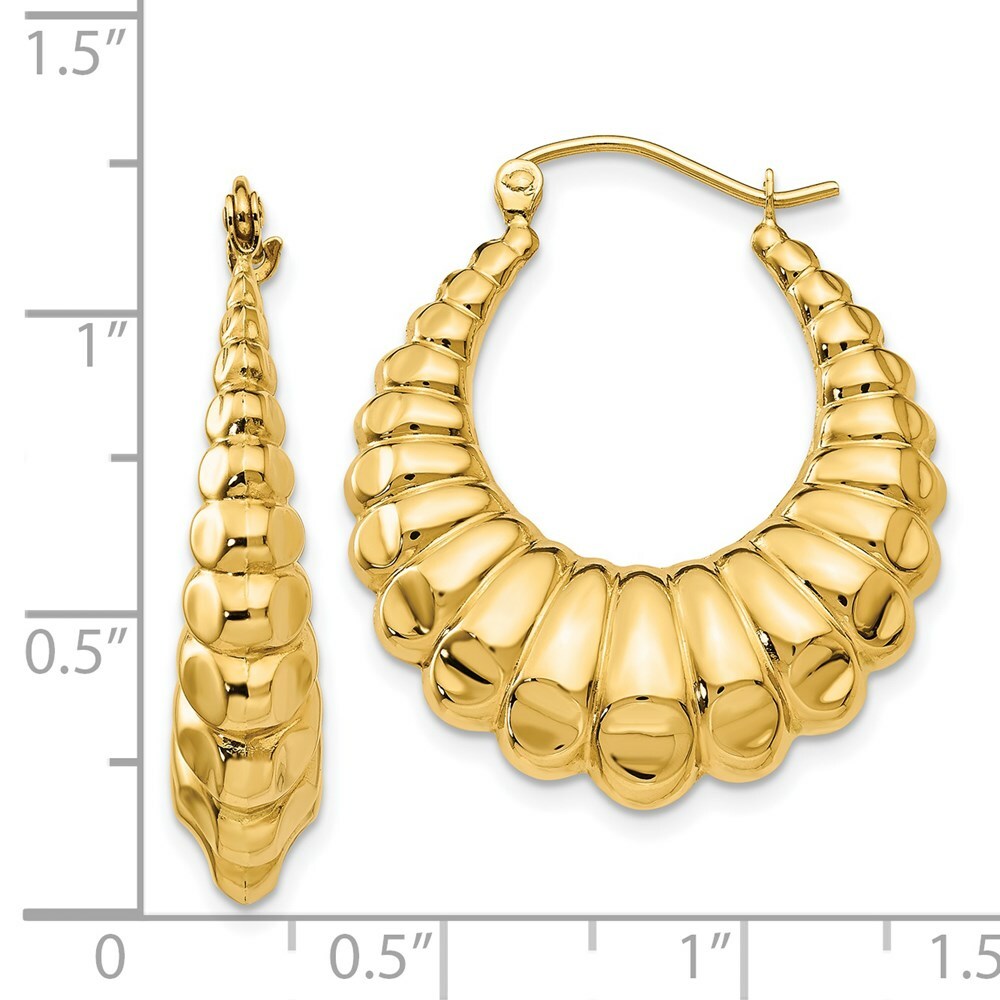 14K Yellow Gold Polished Scalloped Hollow Hoop Earrings  14mm length