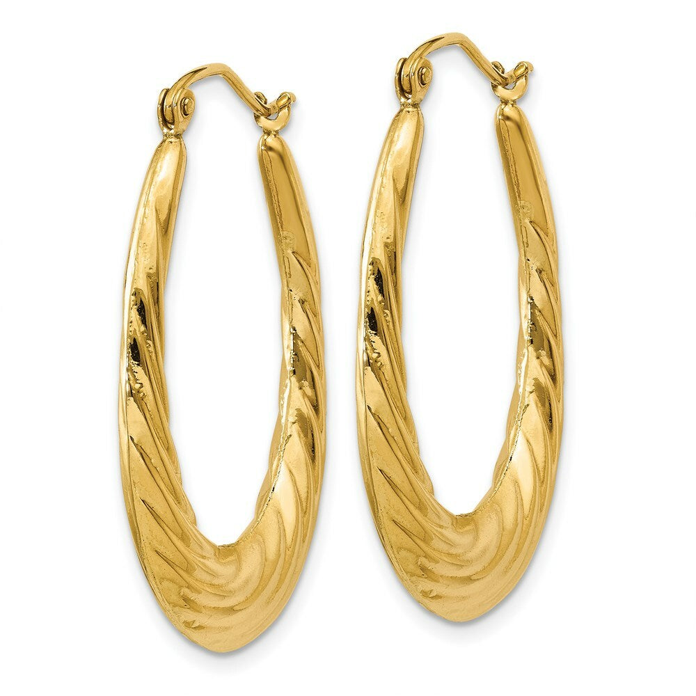 14K Yellow Gold Polished Twisted Oval Hollow Hoop Earrings  16mm length