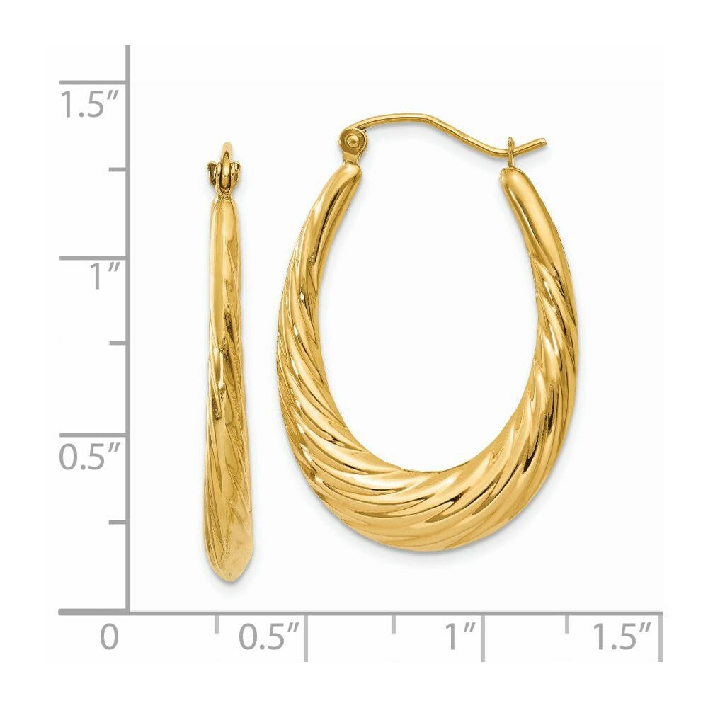 14K Yellow Gold Polished Twisted Oval Hollow Hoop Earrings  16mm length