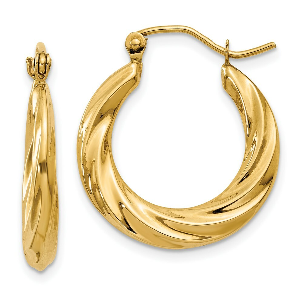 14K Yellow Gold Polished Twisted Hollow Hoop Earrings  13mm length