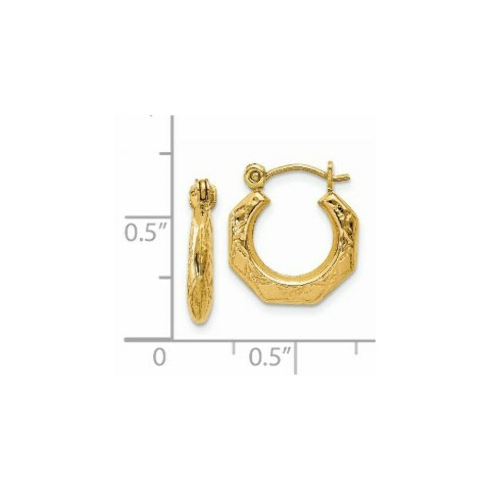 14K Yellow Gold Polished Patterned Hollow Hoop Earrings  8mm length