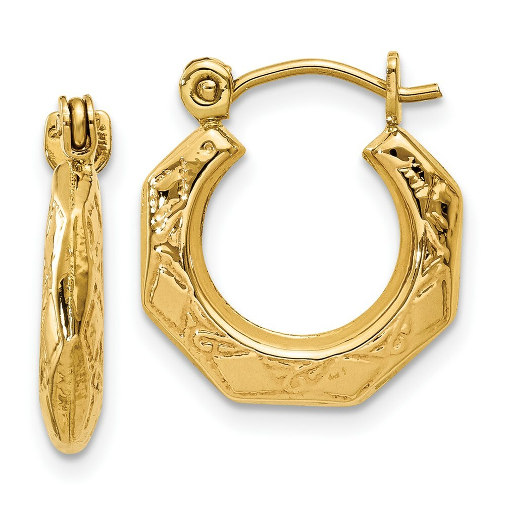 14K Yellow Gold Polished Patterned Hollow Hoop Earrings  8mm length