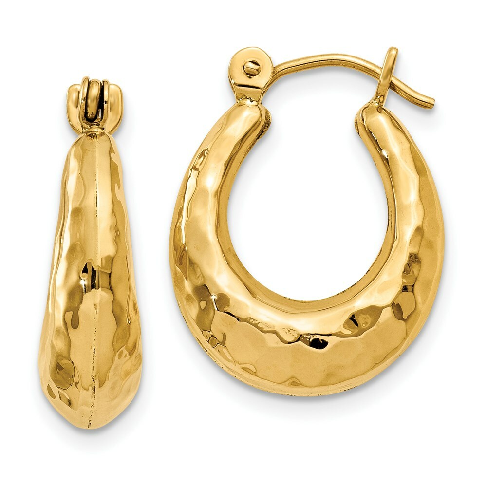 14K Yellow Gold Hammered Fancy Hollow Hoop Earrings  9mm length