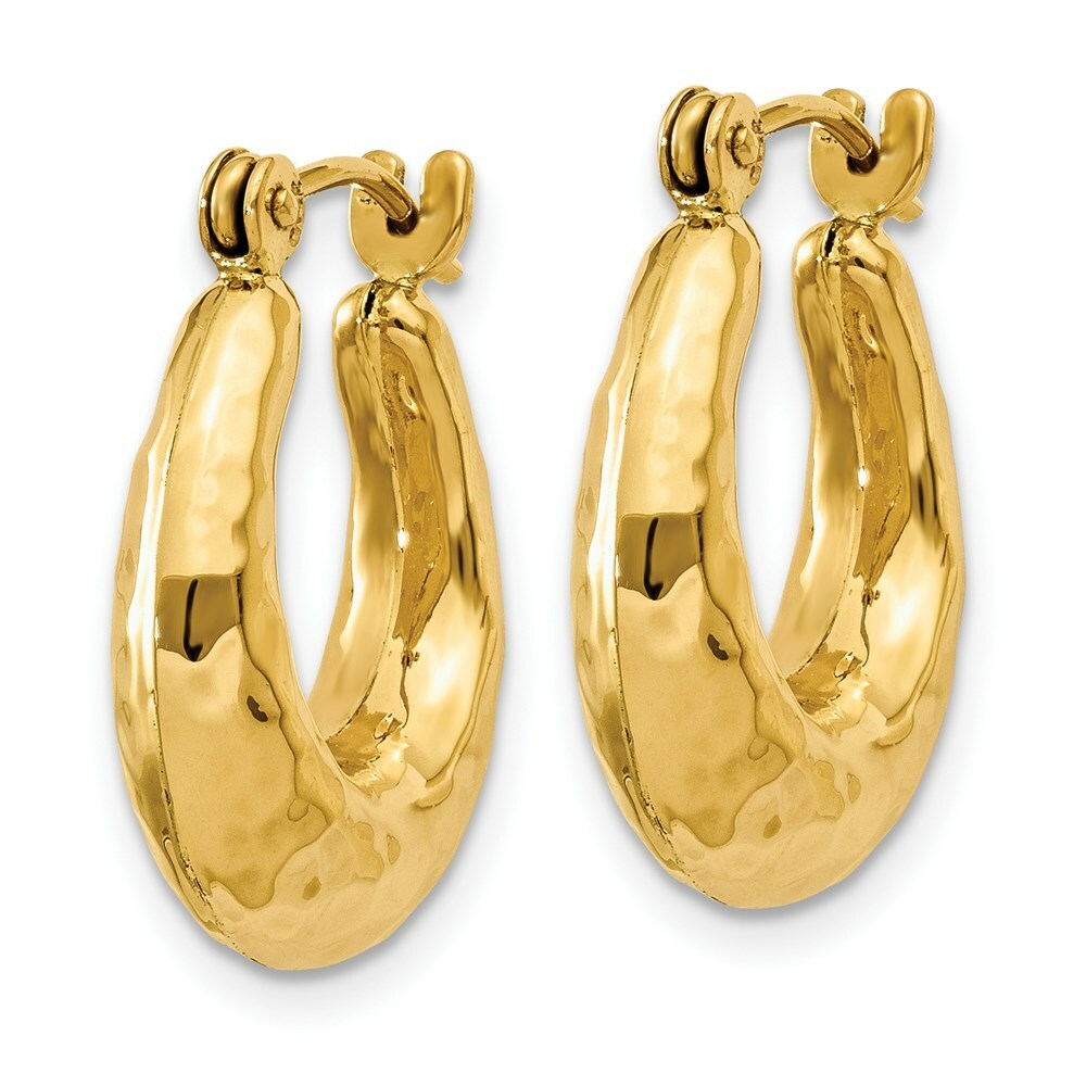 14K Yellow Gold Hammered Fancy Hollow Hoop Earrings  9mm length