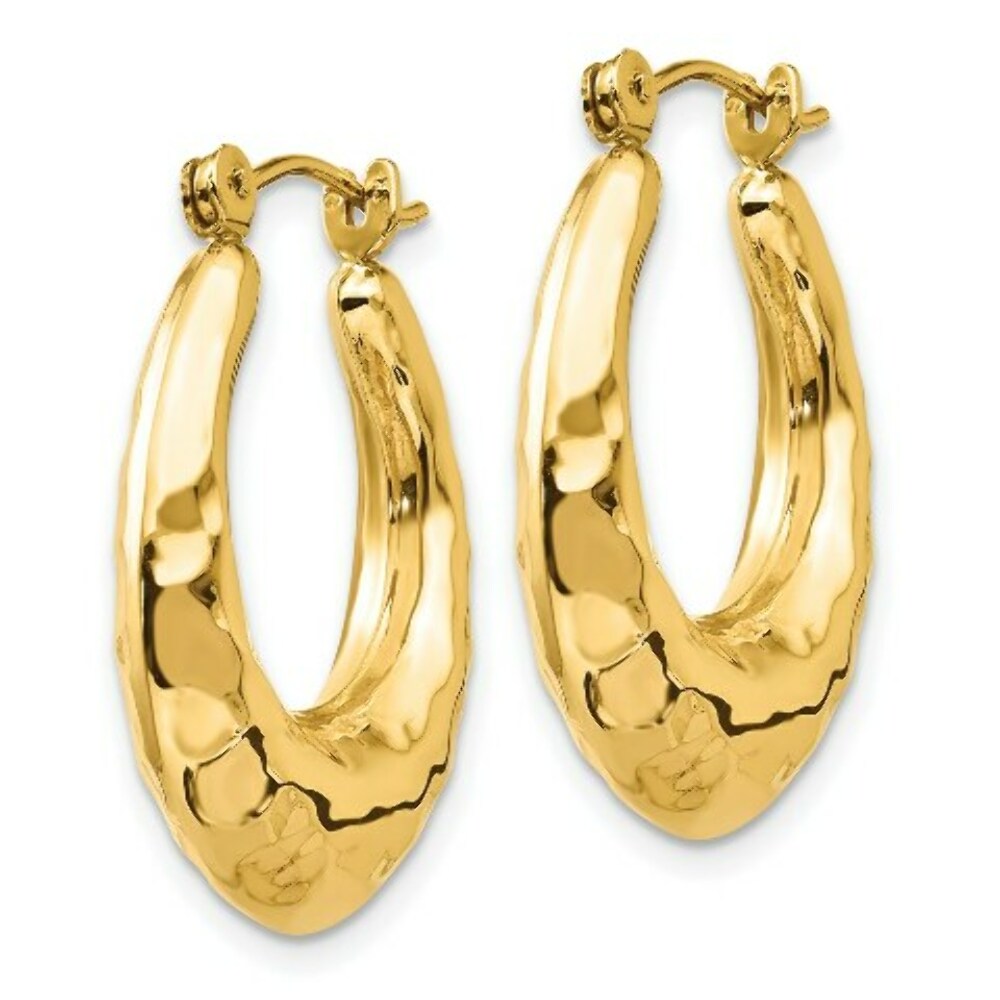 14K Yellow Gold Hammered Fancy Hollow Hoop Earrings  11mm length