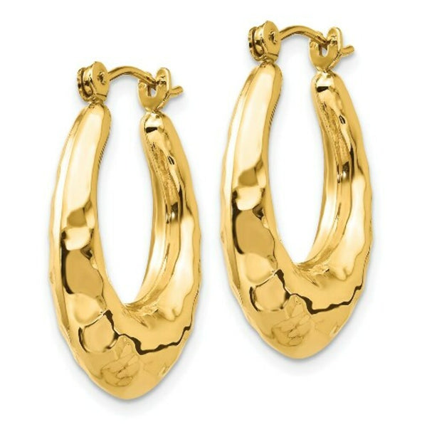 14K Yellow Gold Hammered Fancy Hollow Hoop Earrings  11mm length