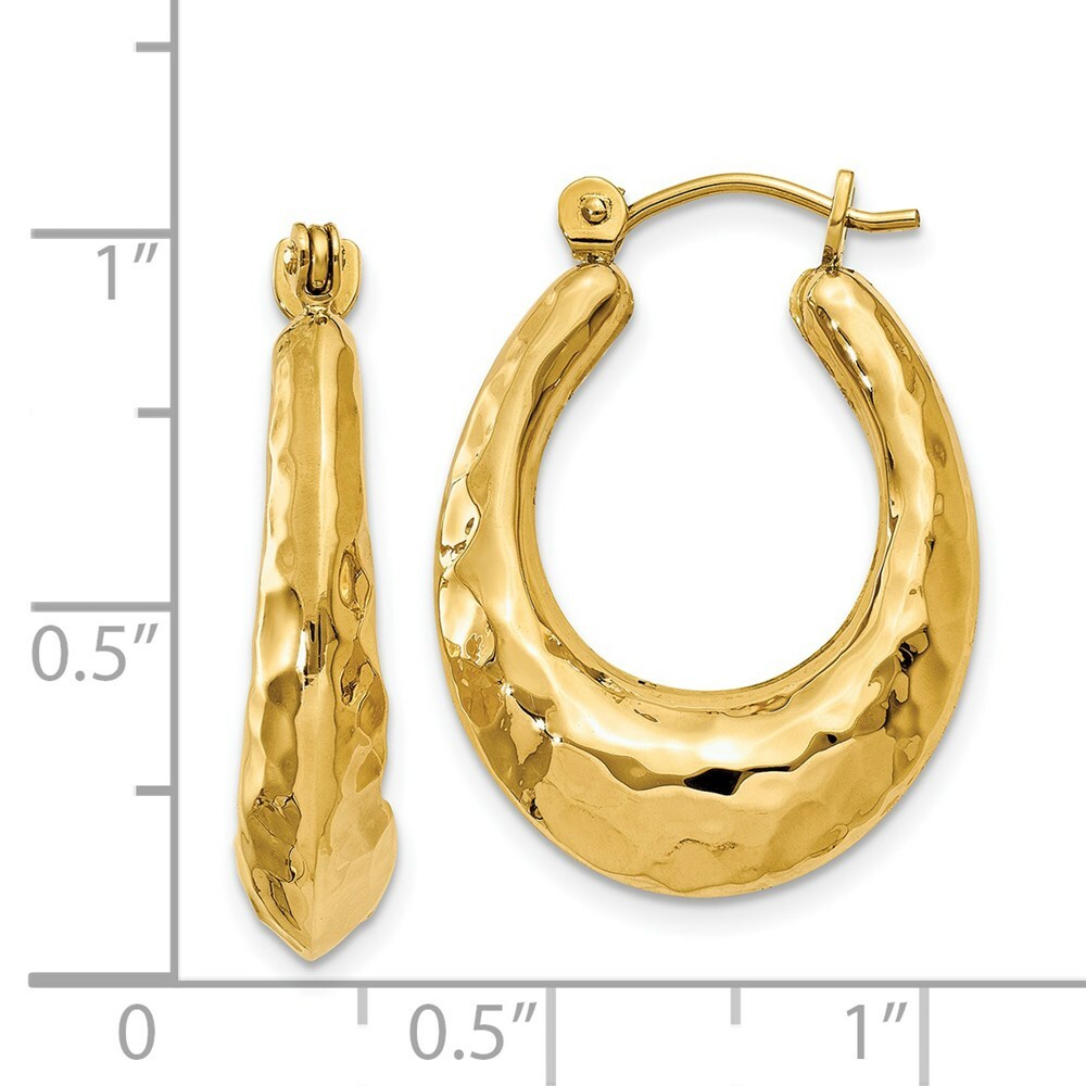 14K Yellow Gold Hammered Fancy Hollow Hoop Earrings  11mm length