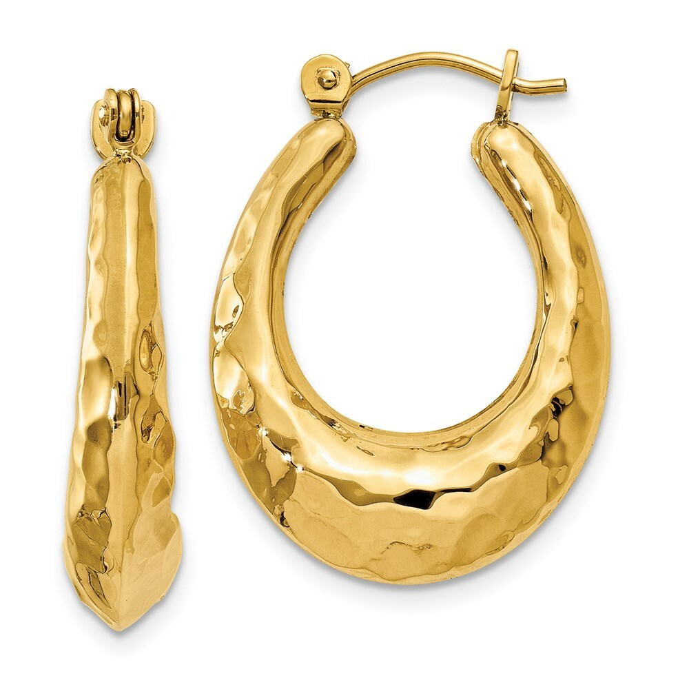 14K Yellow Gold Hammered Fancy Hollow Hoop Earrings  11mm length