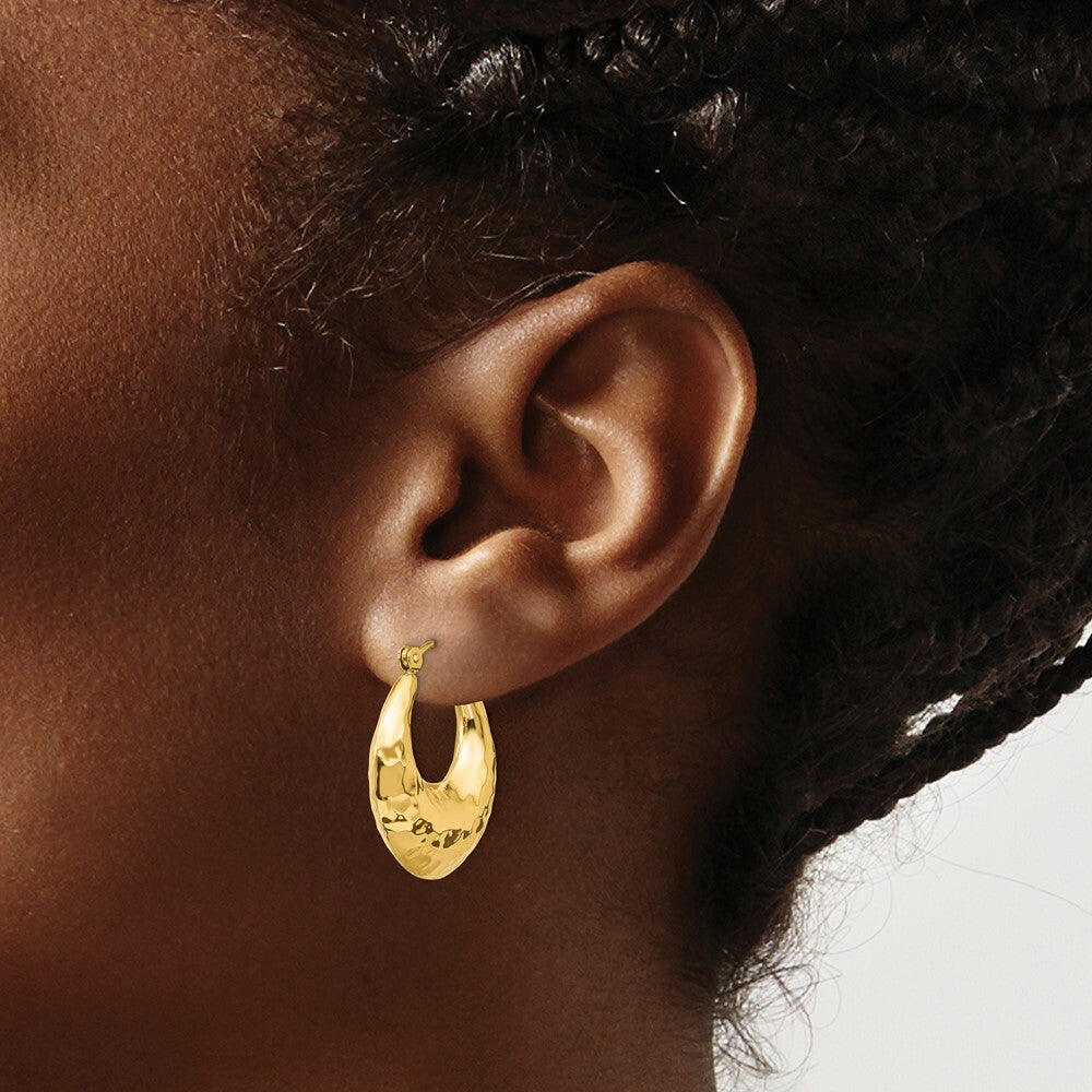 14K Yellow Gold Hammered Fancy Hollow Hoop Earrings  11mm length