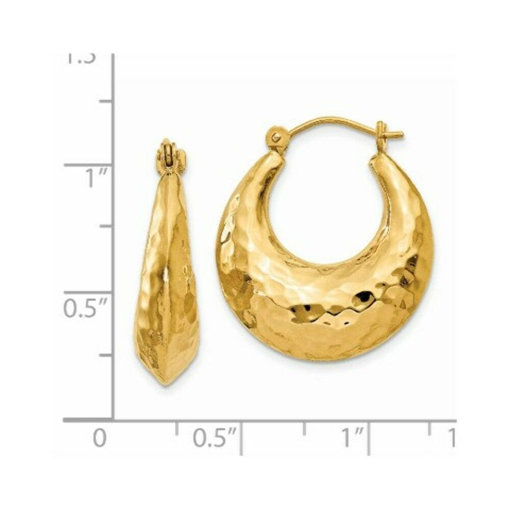 14K Yellow Gold Hammered Fancy Hollow Hoop Earrings  11mm length