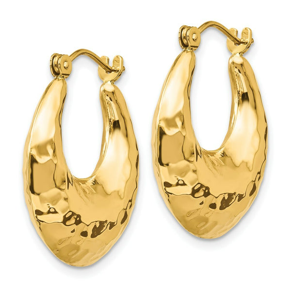 14K Yellow Gold Hammered Fancy Hollow Hoop Earrings  11mm length