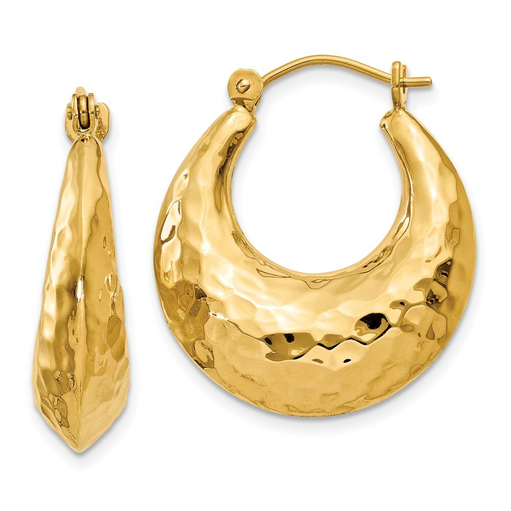14K Yellow Gold Hammered Fancy Hollow Hoop Earrings  11mm length