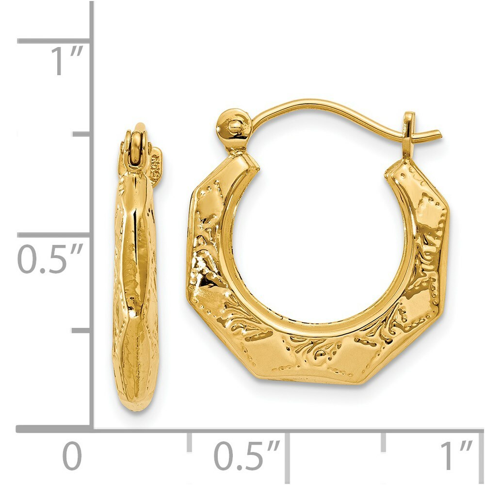 14K Yellow Gold Polished Patterned Hoop Earrings  11mm length