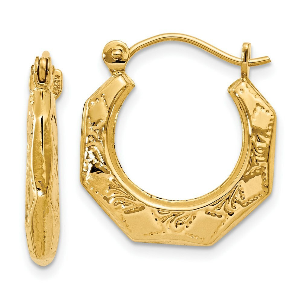 14K Yellow Gold Polished Patterned Hoop Earrings  11mm length