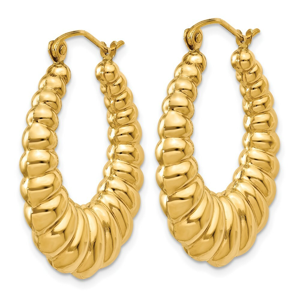 14K Yellow Gold Polished Scalloped Hoop Earrings  13mm length