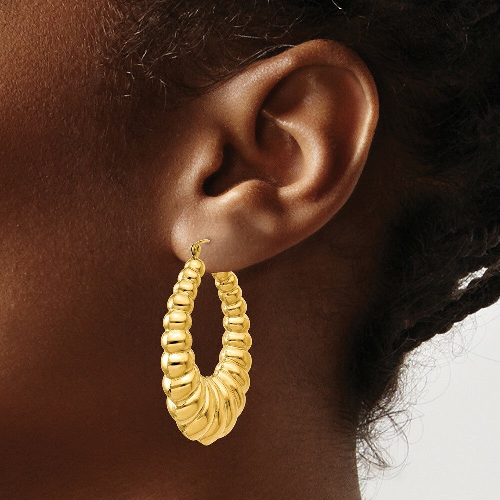 14K Yellow Gold Polished Scalloped Hoop Earrings  18mm length