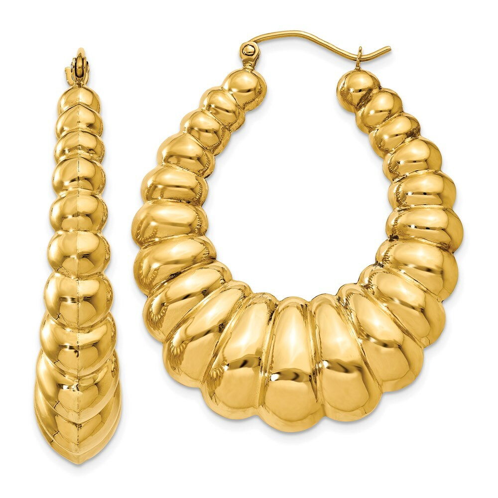 14K Yellow Gold Polished Scalloped Hoop Earrings  18mm length