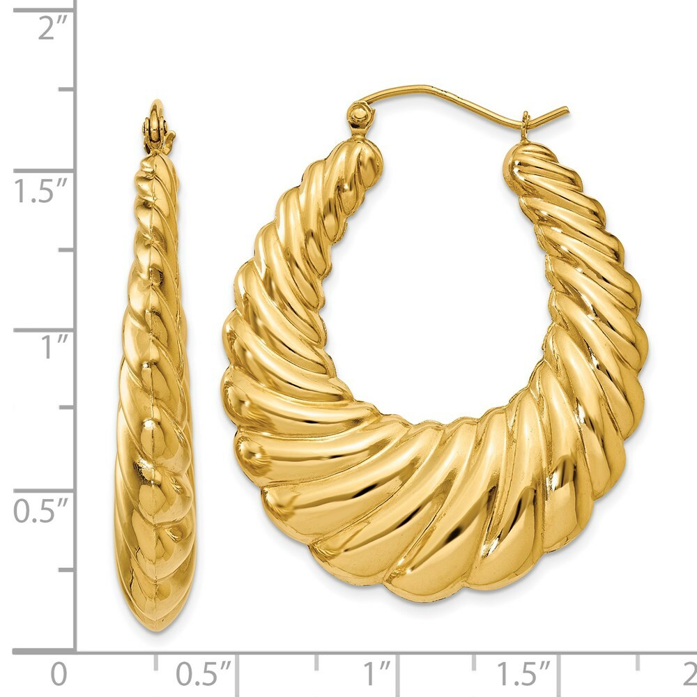 14K Yellow Gold Polished Scalloped Hoop Earrings  17mm length