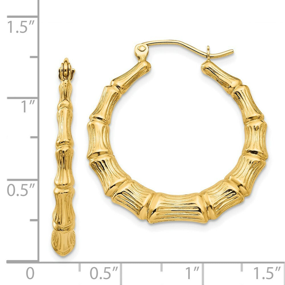 14K Yellow Gold Polished Bamboo Hoop Earrings  20mm length