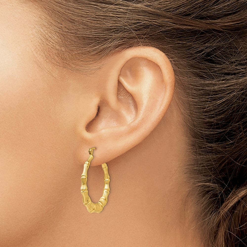 14K Yellow Gold Polished Bamboo Hoop Earrings  20mm length