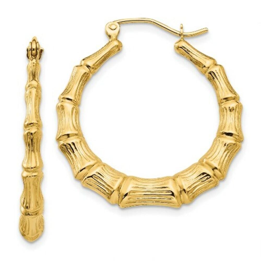 14K Yellow Gold Polished Bamboo Hoop Earrings  20mm length