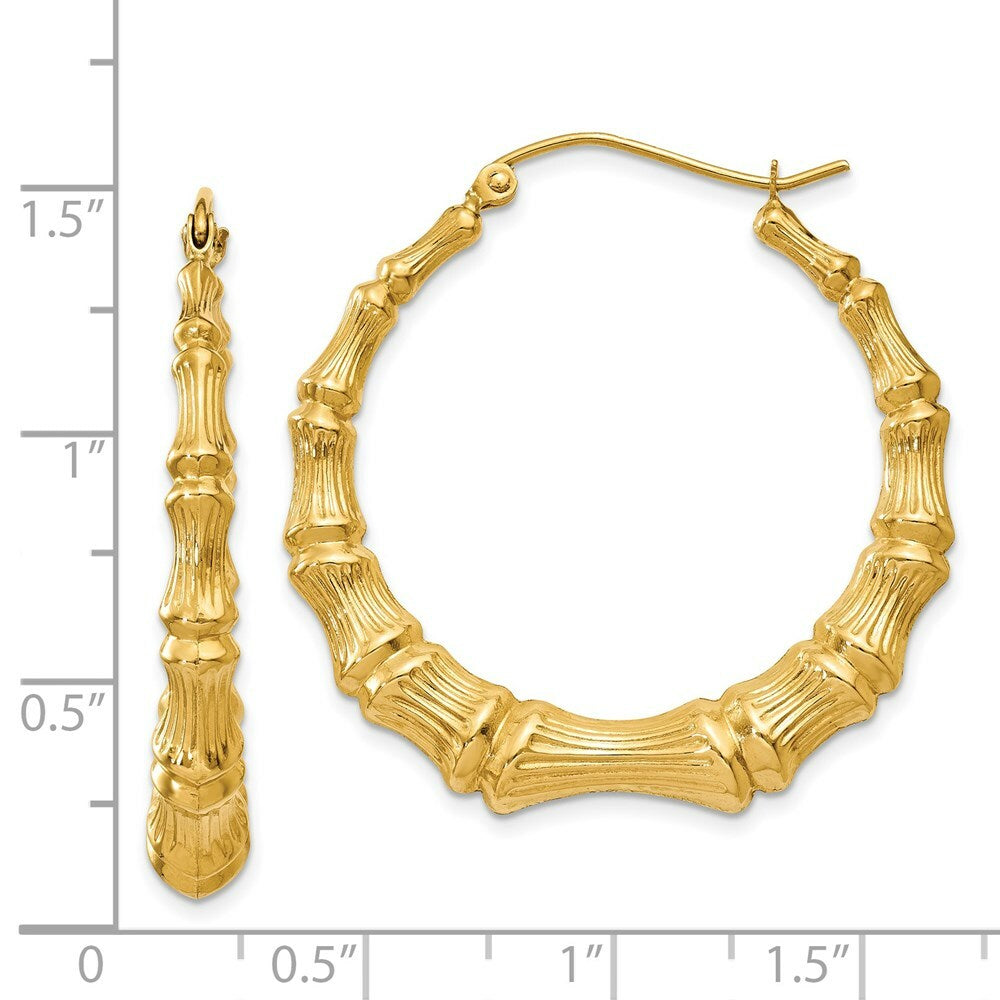 14K Yellow Gold Polished Bamboo Hoop Earrings  27mm length