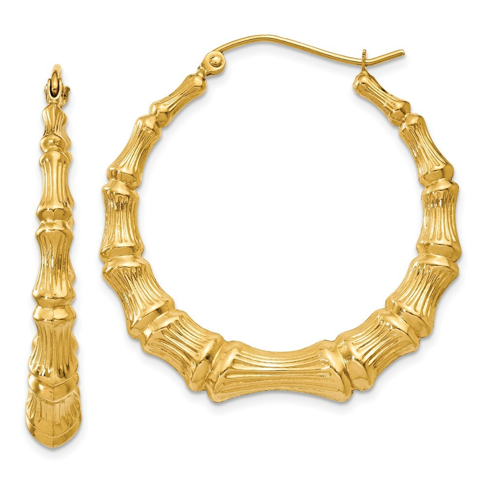14K Yellow Gold Polished Bamboo Hoop Earrings  27mm length