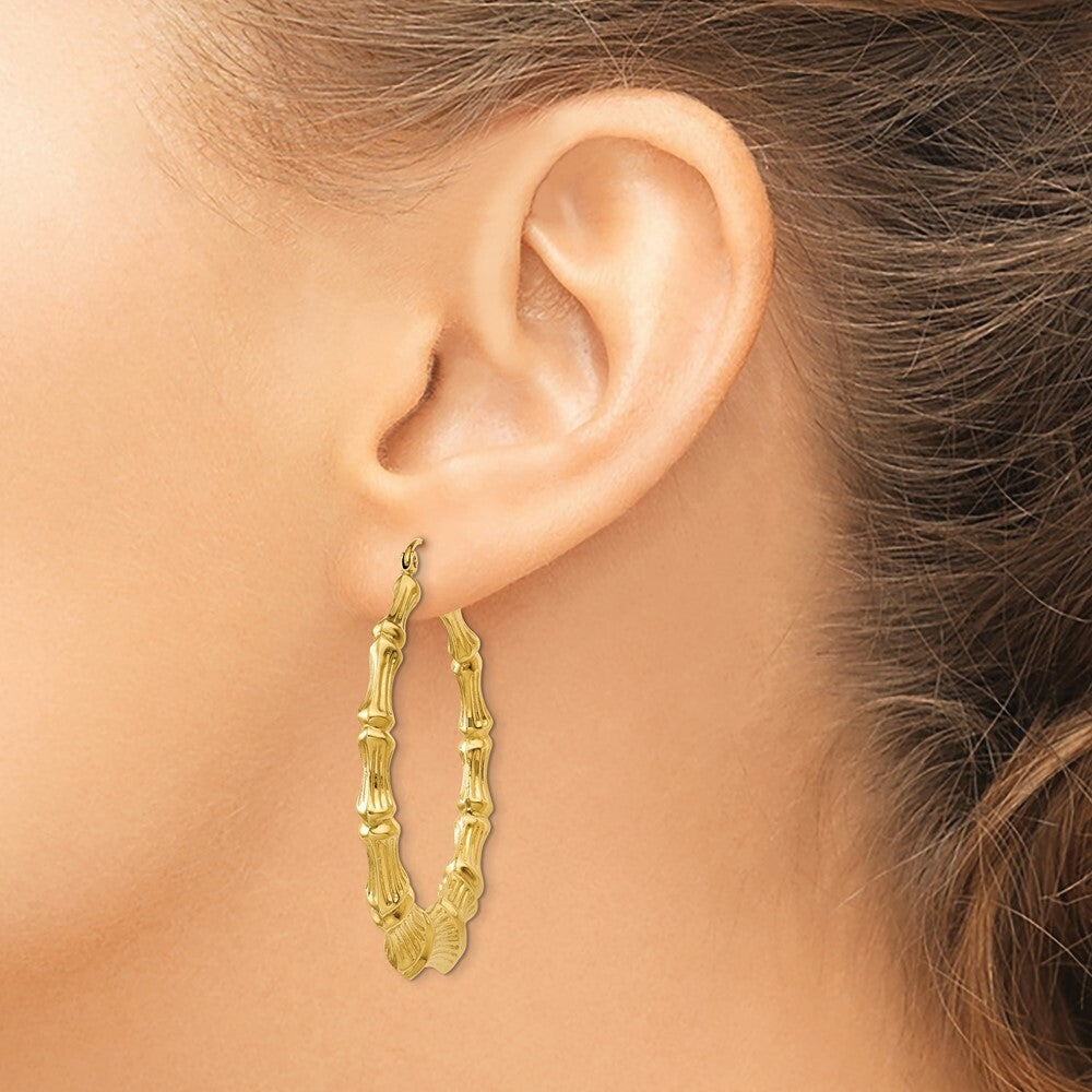 14K Yellow Gold Polished Bamboo Hoop Earrings  33mm length