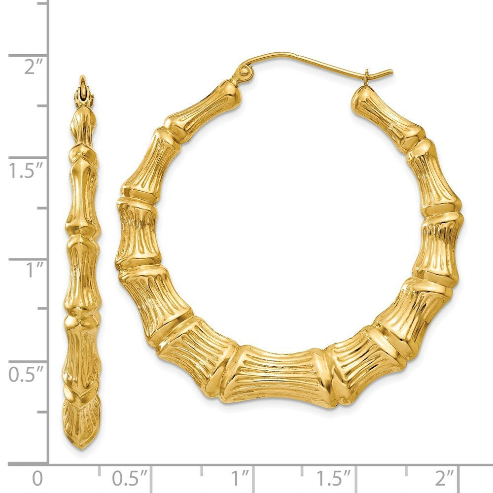 14K Yellow Gold Polished Bamboo Hoop Earrings  33mm length
