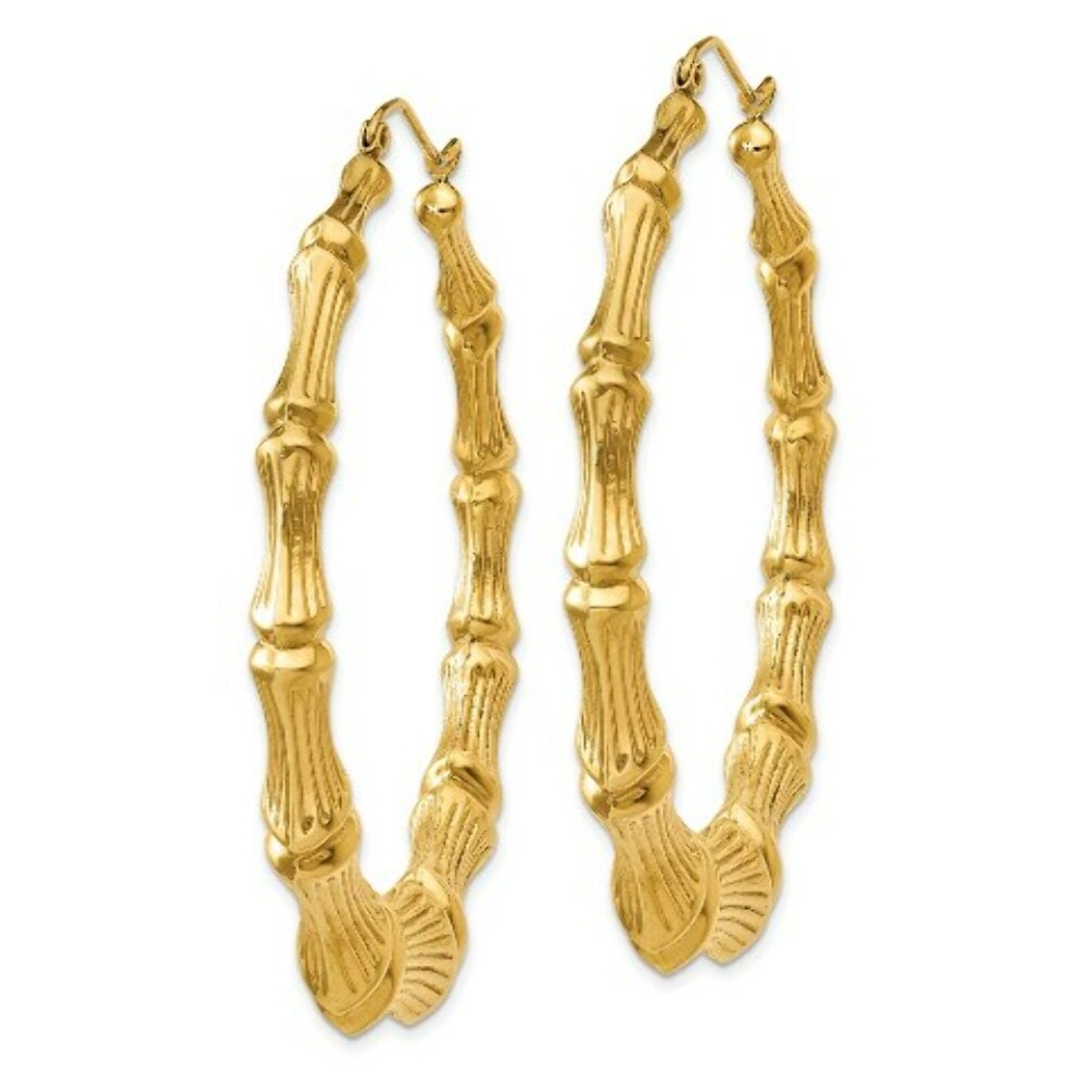 14K Yellow Gold Polished Bamboo Hoop Earrings  43mm length