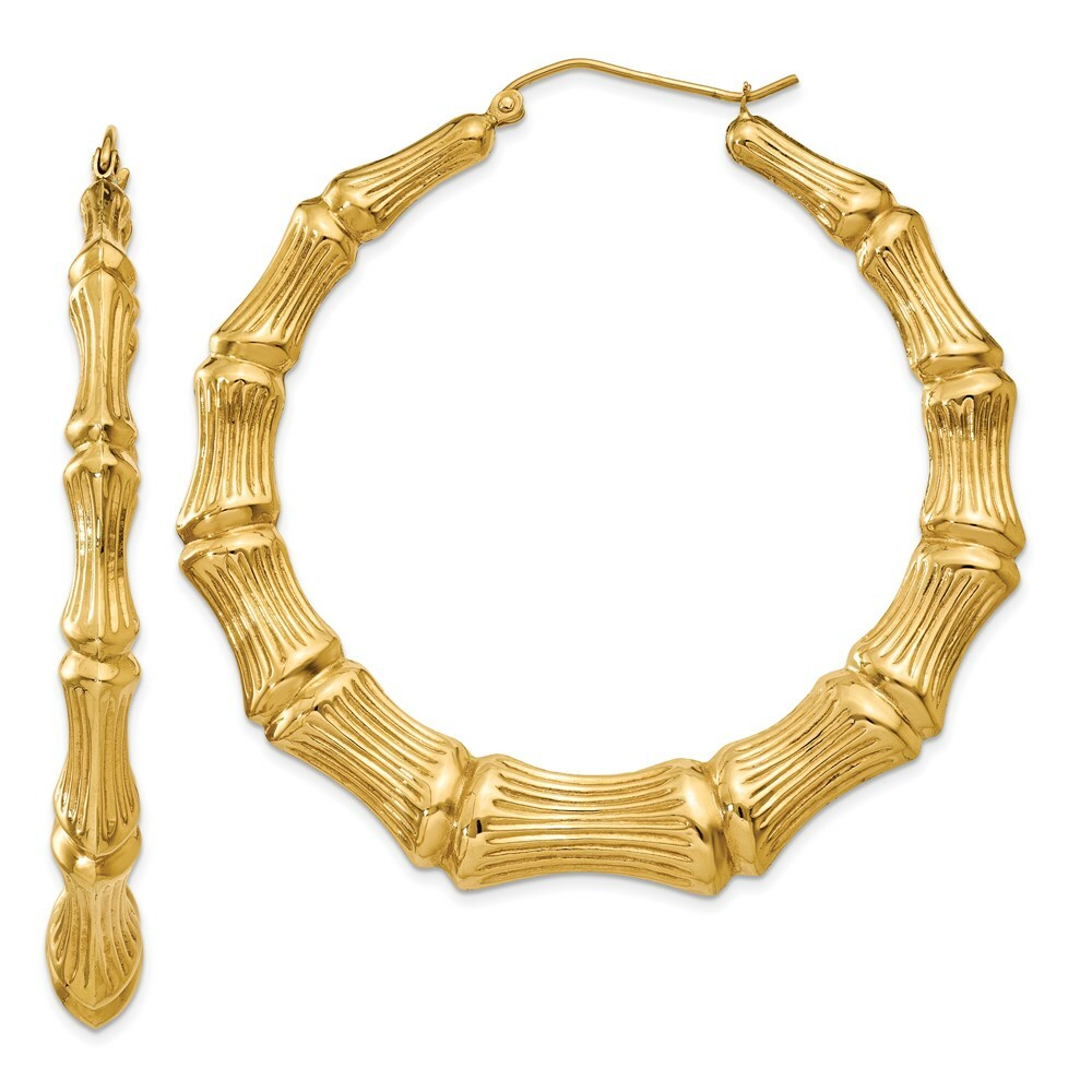 14K Yellow Gold Polished Bamboo Hoop Earrings  43mm length