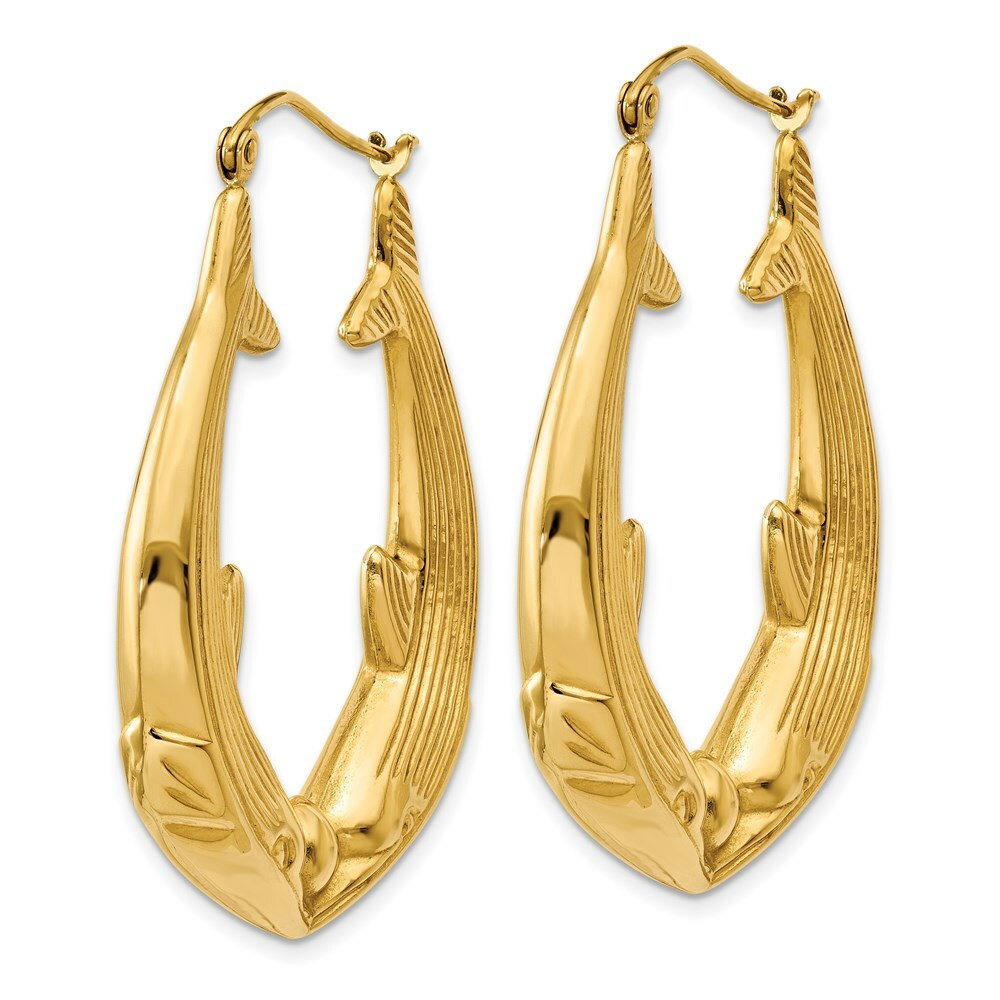 14K Yellow Gold Polished Dolphin Hoop Earrings 21mm length