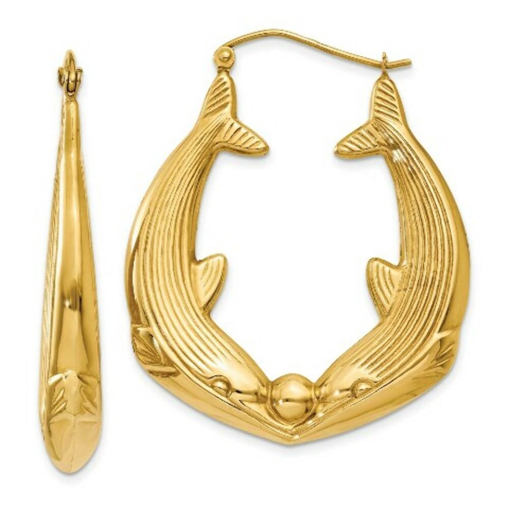 14K Yellow Gold Polished Dolphin Hoop Earrings 21mm length