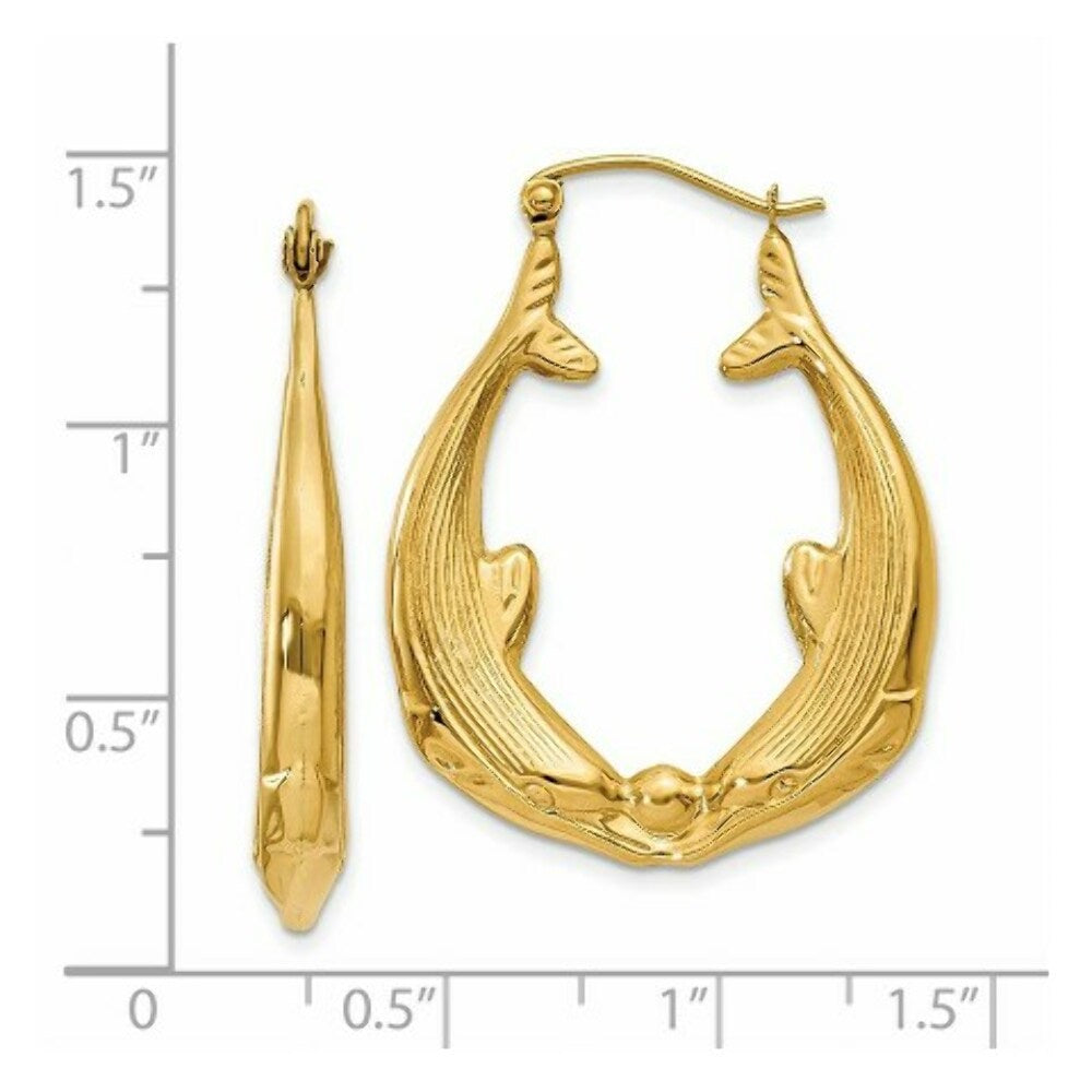 14K Yellow Gold Polished Dolphin Hoop Earrings 17mm length