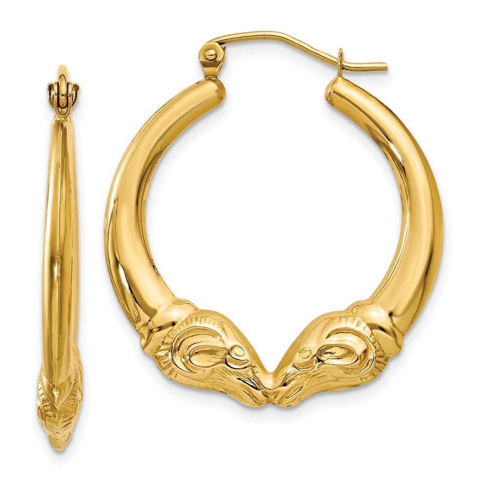 14K Yellow Gold Polished Ram Hoop Earrings  20mm length