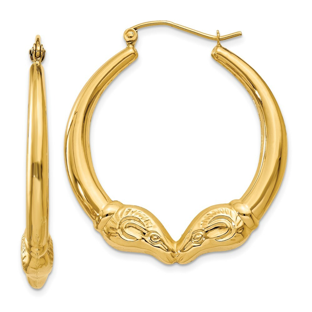 14K Yellow Gold Polished Ram Hoop Earrings  24mm length