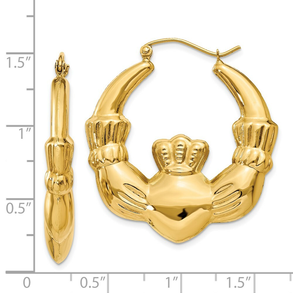 14K Yellow Gold Polished Claddagh Hoop Earrings 20mm length
