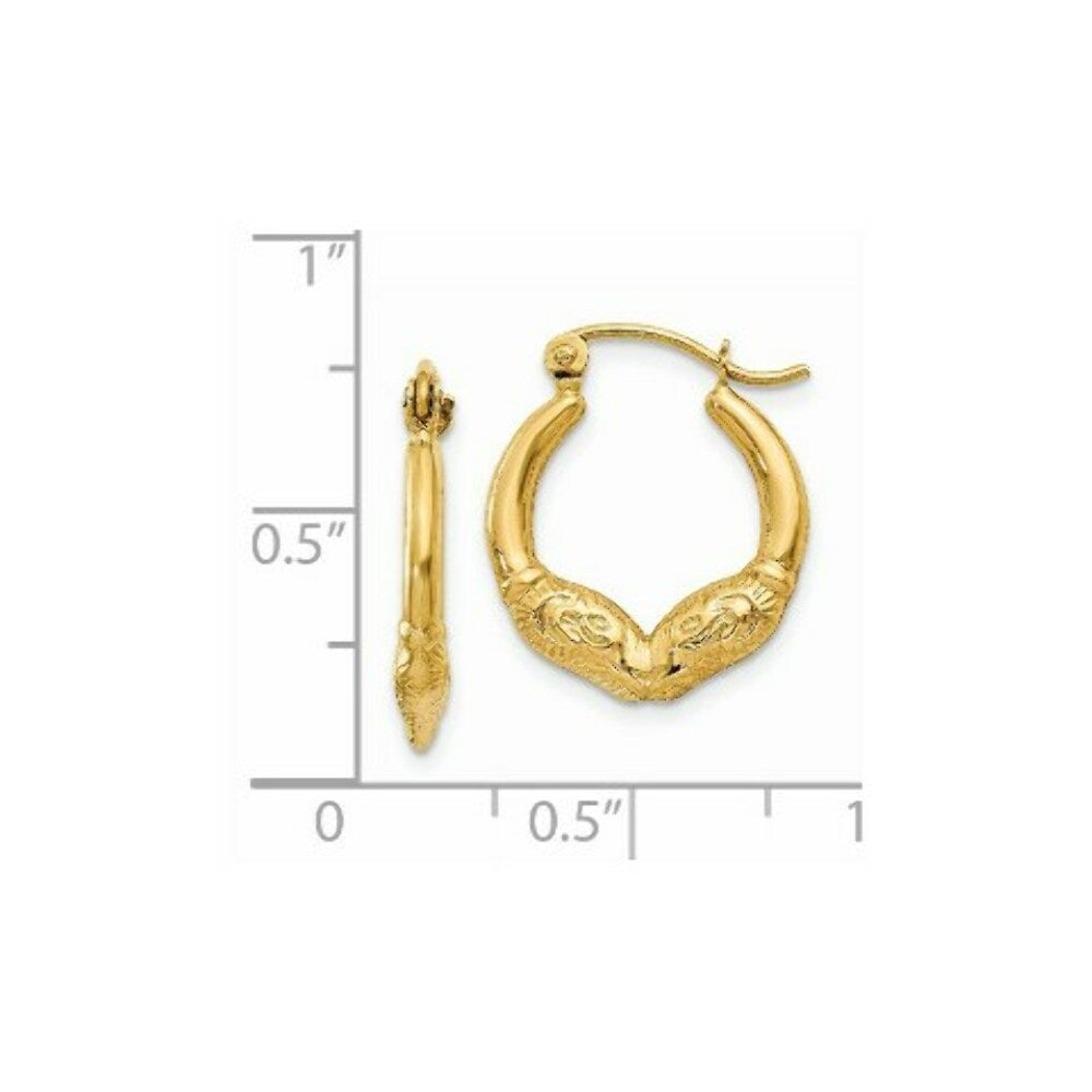 14K Yellow Gold Ram Head Hoop Earrings  10mm length