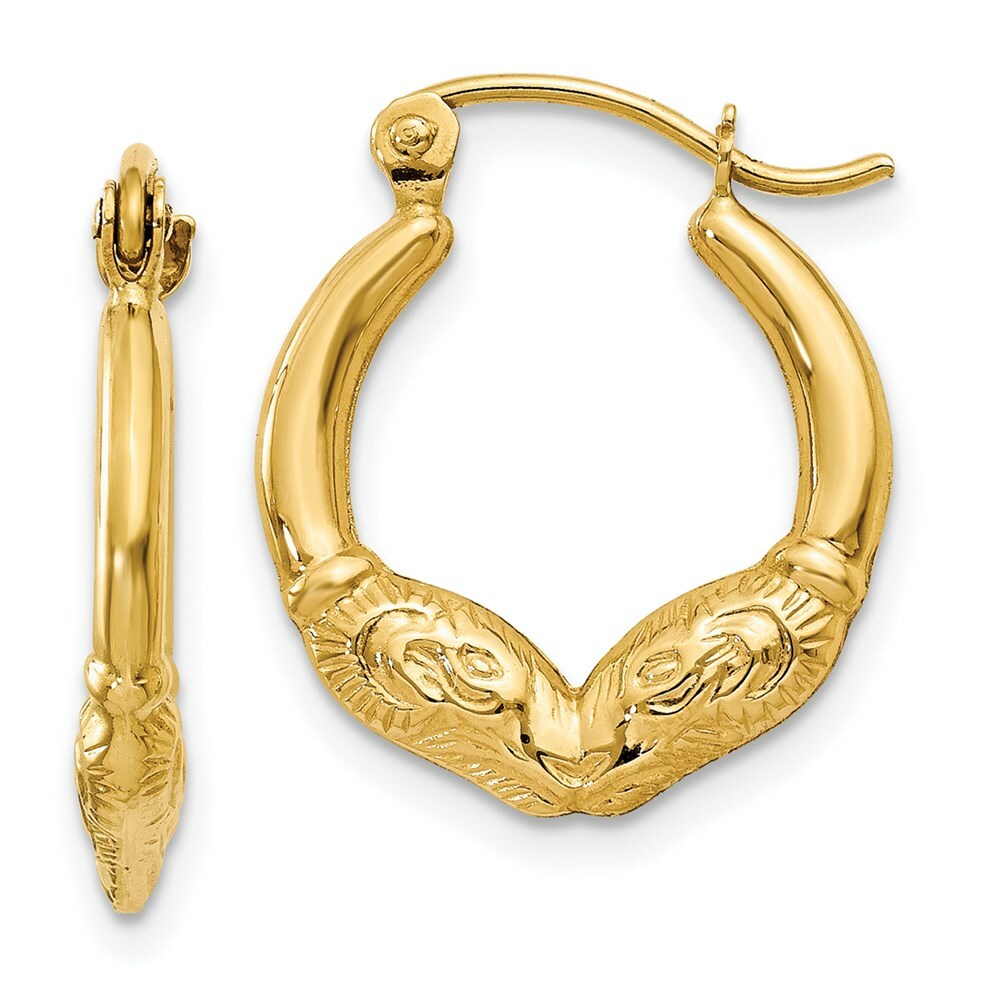 14K Yellow Gold Ram Head Hoop Earrings  10mm length