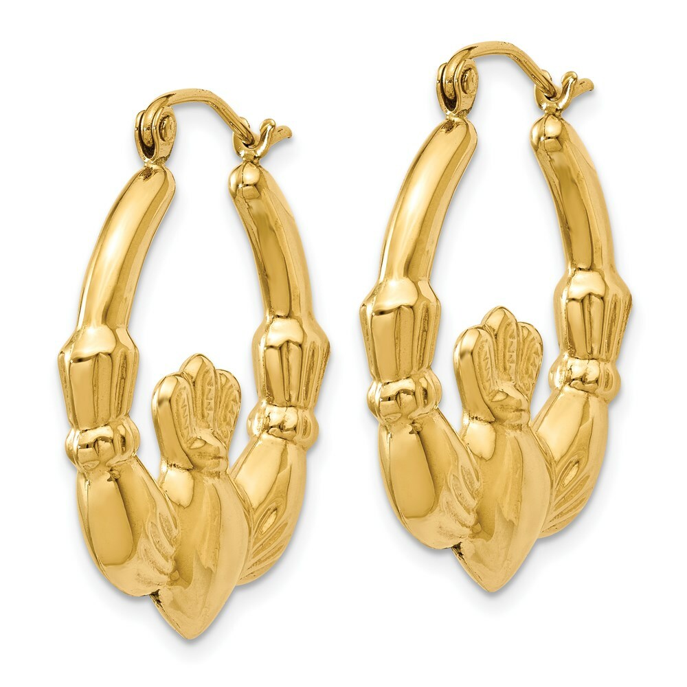 14K Yellow Gold Polished Claddagh Hoop Earrings 27mm length