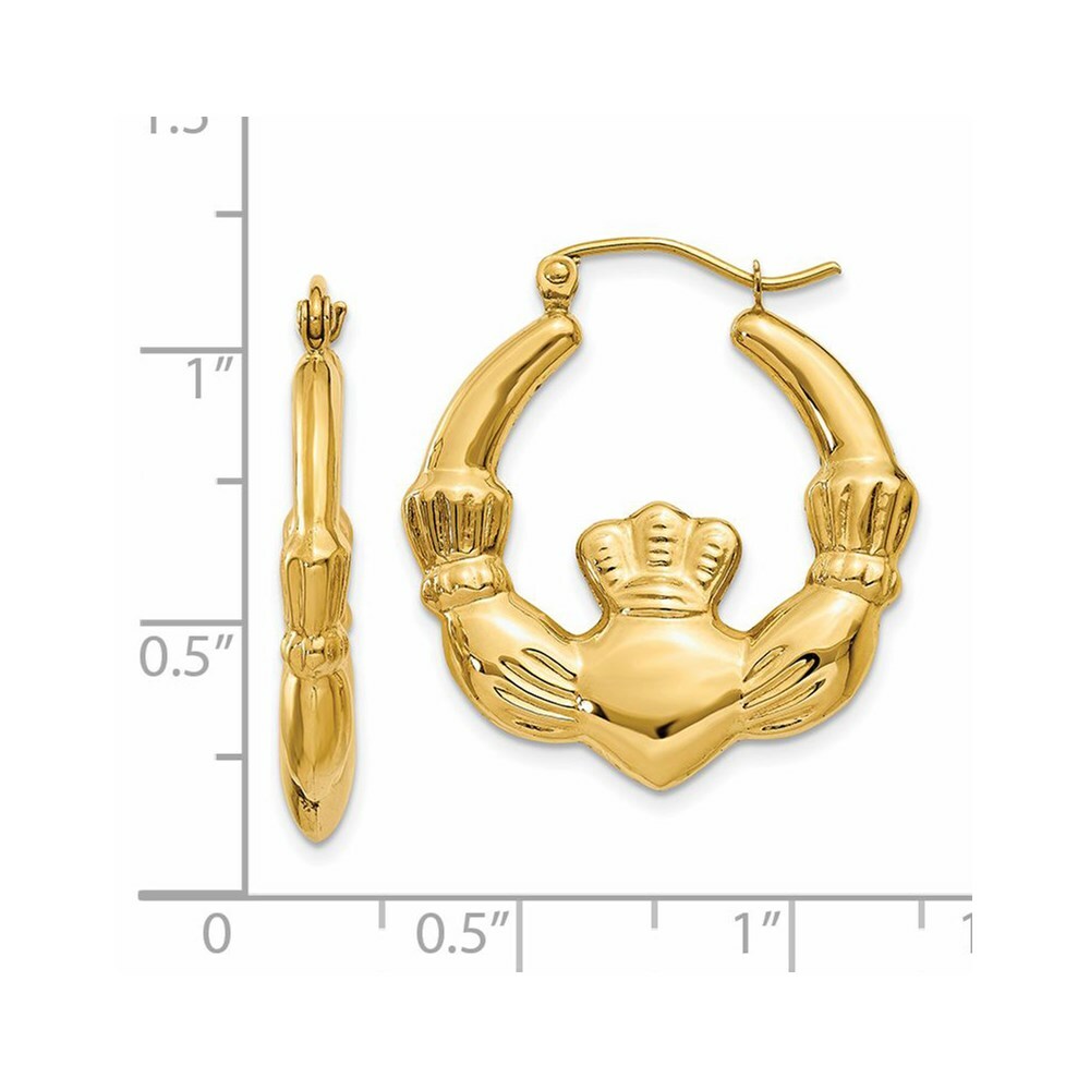 14K Yellow Gold Polished Claddagh Hoop Earrings 27mm length