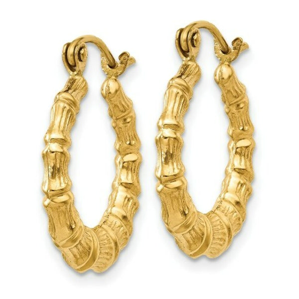 14K Yellow Gold Polished Bamboo Design Hollow Hoop Earrings  13mm length