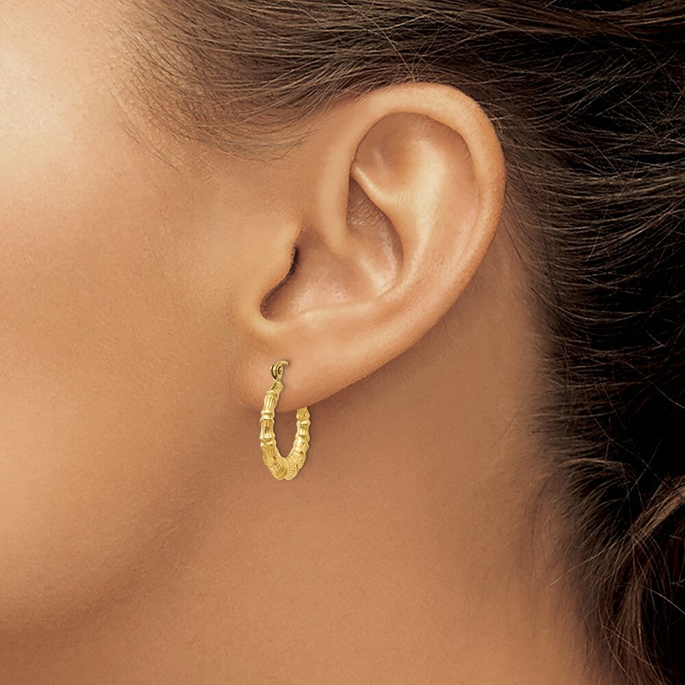 14K Yellow Gold Polished Bamboo Design Hollow Hoop Earrings  13mm length