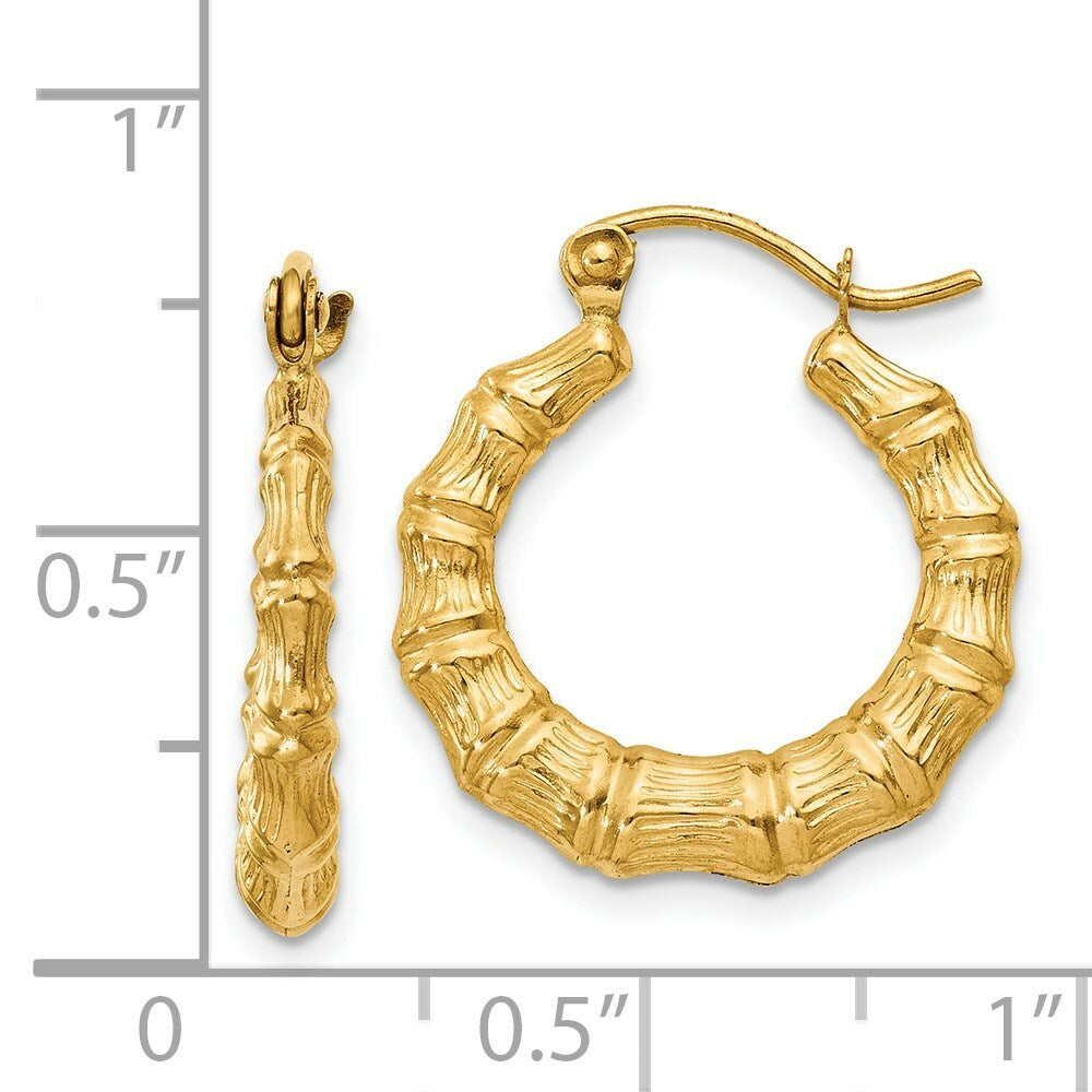 14K Yellow Gold Polished Bamboo Design Hollow Hoop Earrings  13mm length