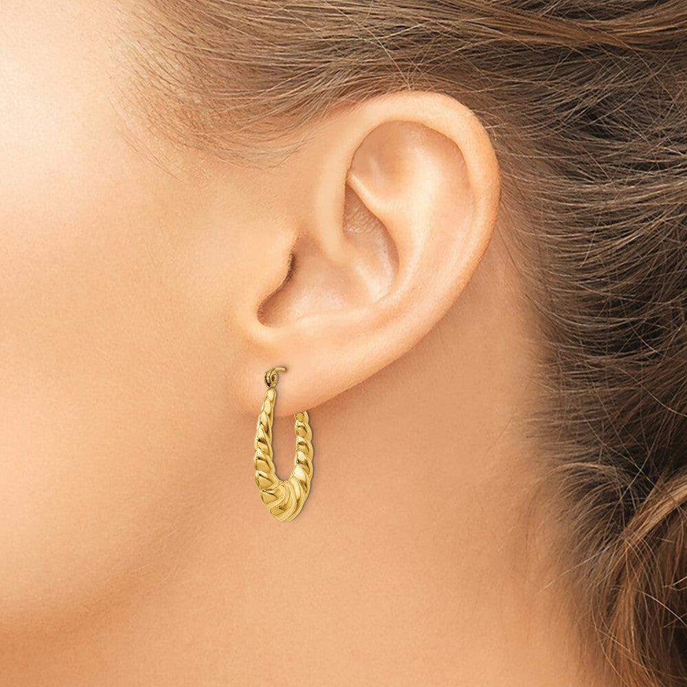 14K Yellow Gold Polished Twisted Hollow Hoop Earrings  25mm length