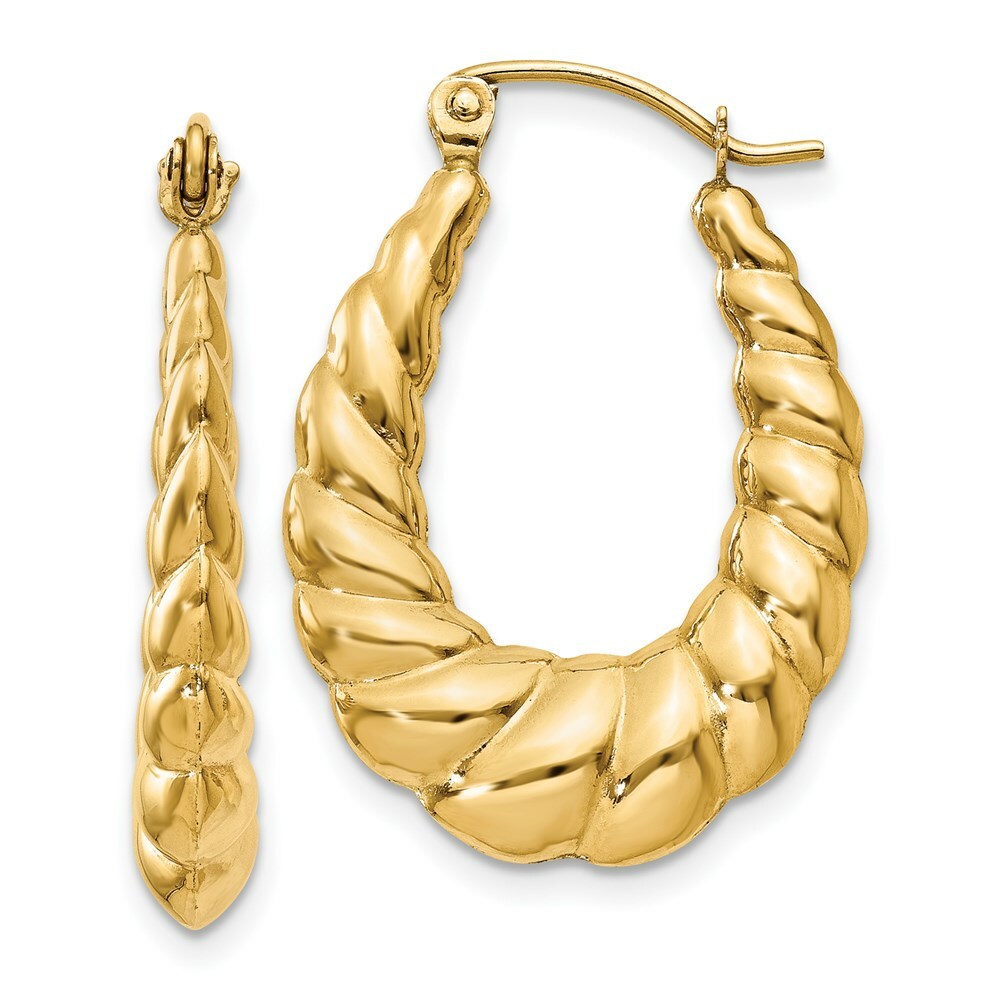 14K Yellow Gold Polished Twisted Hollow Hoop Earrings  25mm length
