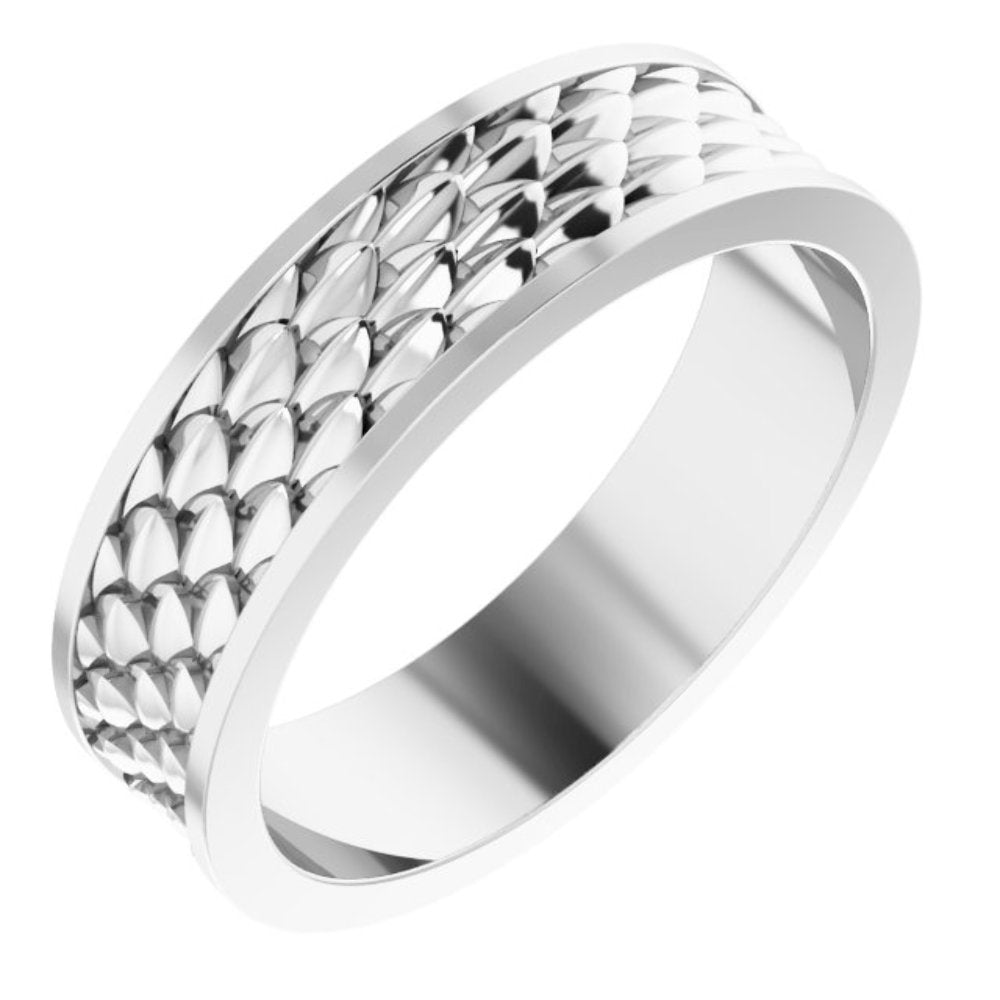 Standard Fit Platinum Mens Womens Wedding Band Polished Platinum 6mm Scale Patterned Ring 6mm Wide