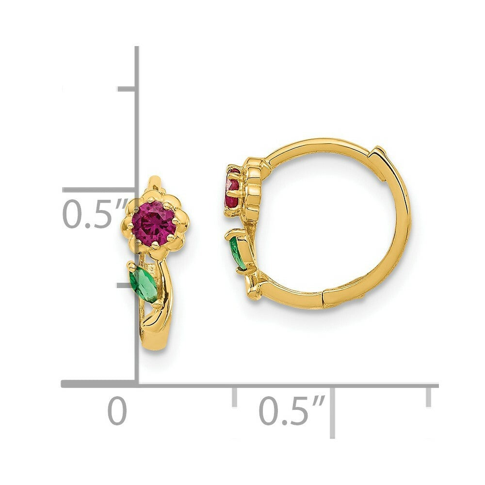 14K Yellow Gold Madi K Red & Green CZ Hinged Hoop Earrings